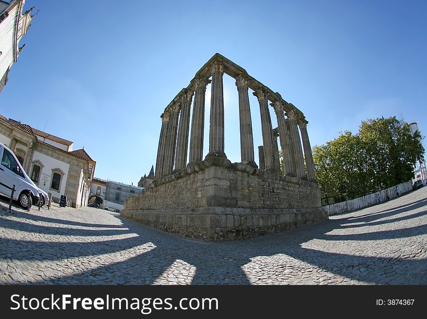 Fisheye perspective of the roman temple in evora. Fisheye perspective of the roman temple in evora