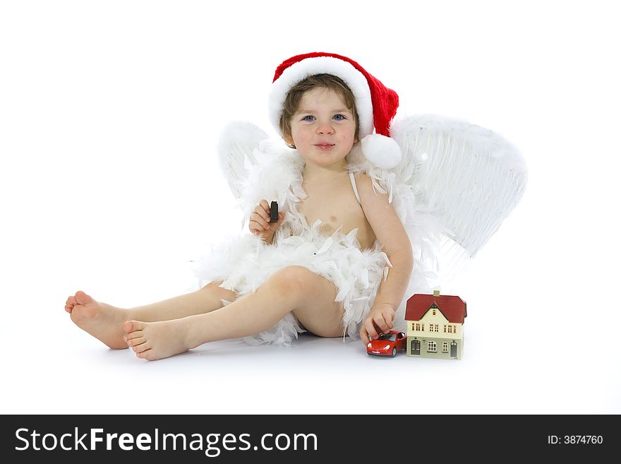 Little angel with car and house on isolated background