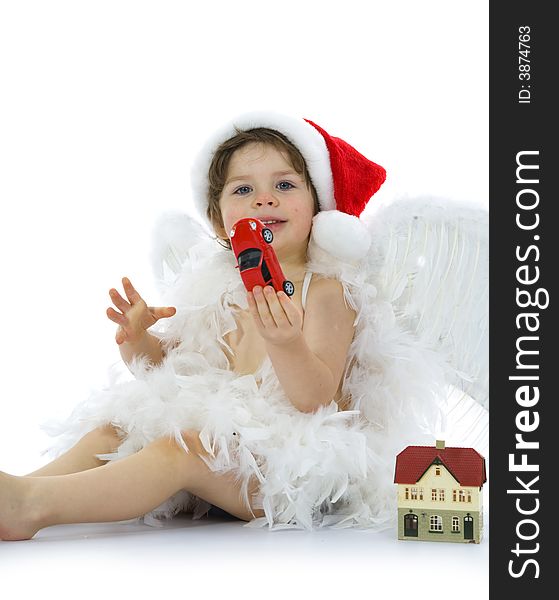 Little angel with car and house on isolated background