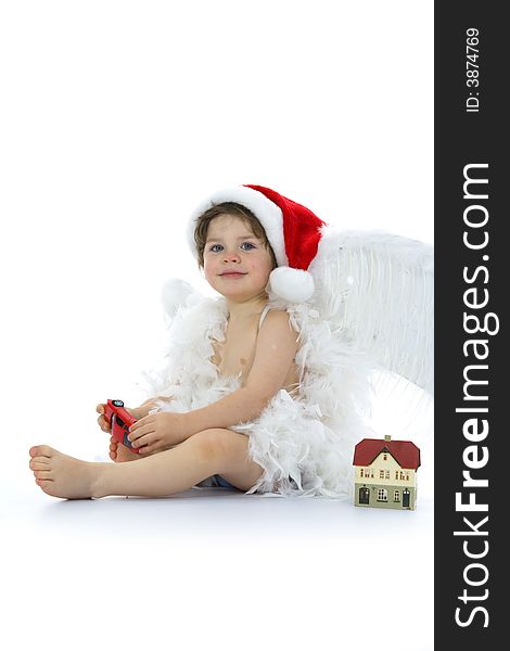 Little angel with car and house on isolated background