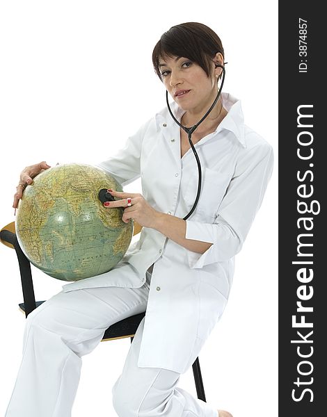 Young doctor with stethoscope and globe on isolated background