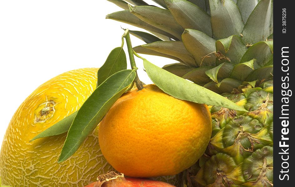 Fresh tangerine and fruits on white background