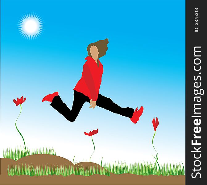 The woman runs on a flower meadow, illustration