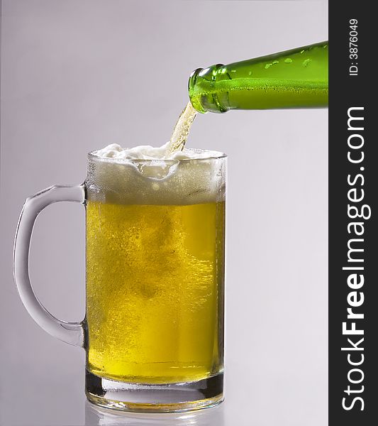 alcohol, beer, bottle, bubble, close-up, cold, drink, froth, glass, gold, isolated, lager, liquid, mug, white, yellow