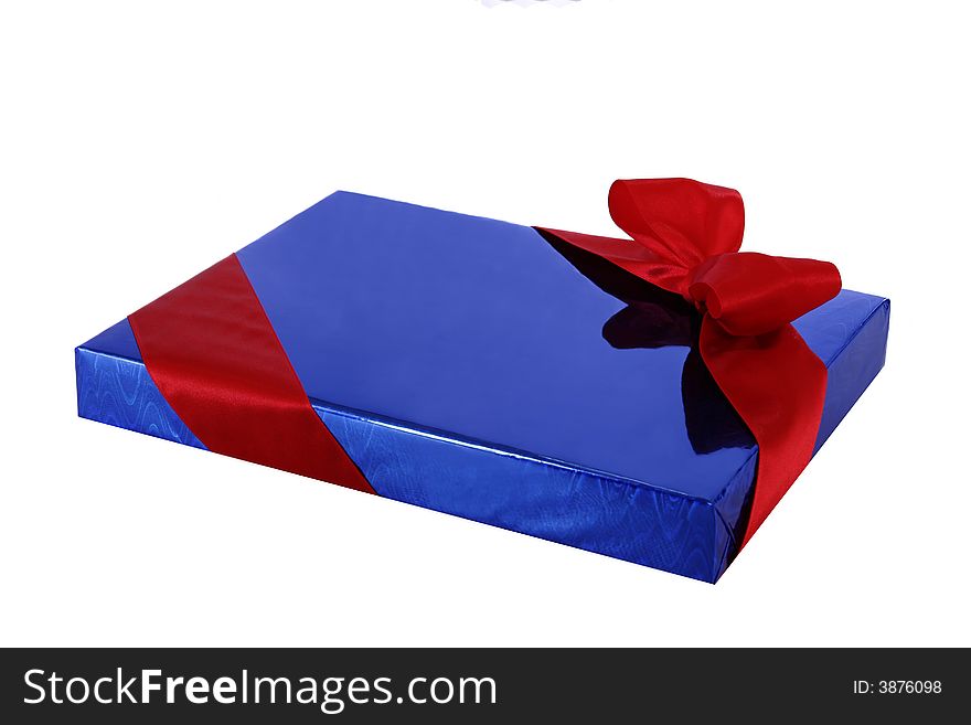 blue gift box with a red satin bow. blue gift box with a red satin bow