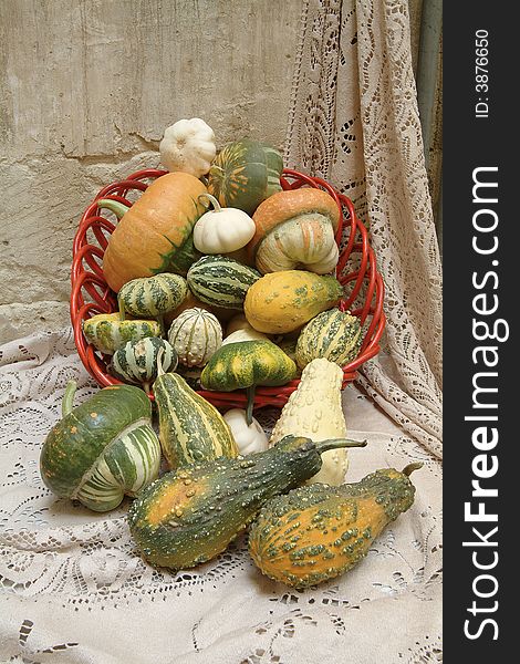 Decorative pumpkins in a basket