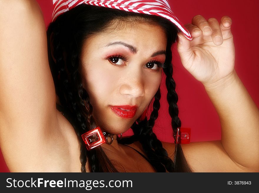 Beautiful 35 year old Filipino woman in black over red. Beautiful 35 year old Filipino woman in black over red.