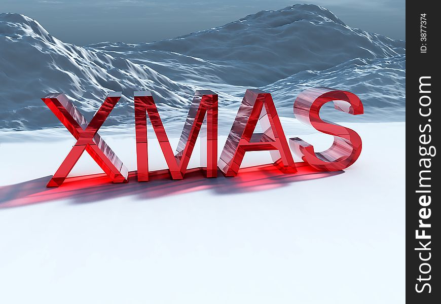 A text sign of the word xmas, in front of some winter snowy mountains. A text sign of the word xmas, in front of some winter snowy mountains.