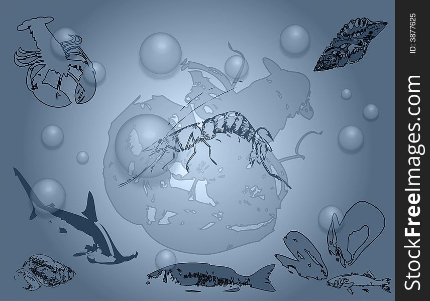 Grey background with lobster, shrimp, fish, shark, shell and blue bubbles. Grey background with lobster, shrimp, fish, shark, shell and blue bubbles