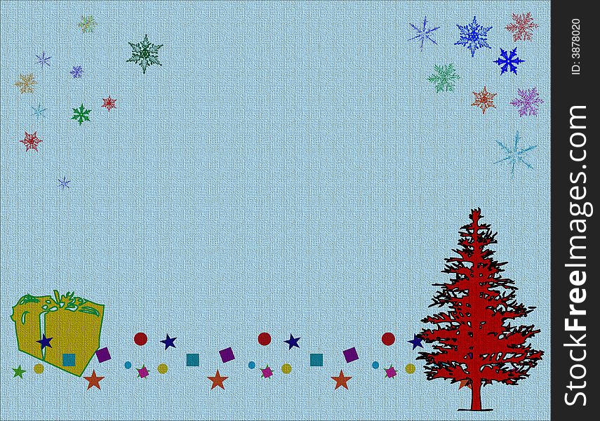 Blue textured background with red christmas tree, yellow box and colored snowflakes. Blue textured background with red christmas tree, yellow box and colored snowflakes