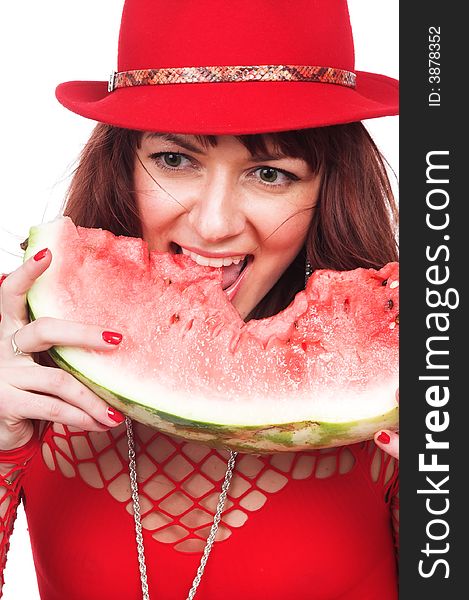 The Beautiful Girl Eats A Water-melon