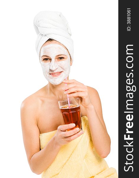 Woman with Sauna Outfit while drinking something. Woman with Sauna Outfit while drinking something