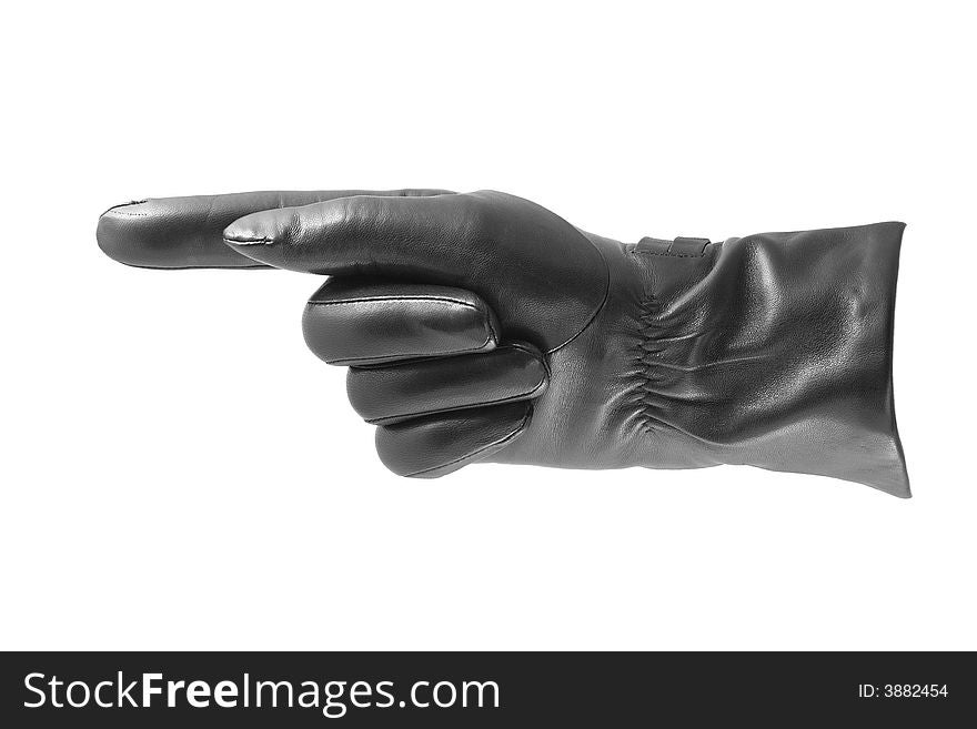 Black glove - direction gesture - isolated on white. Black glove - direction gesture - isolated on white