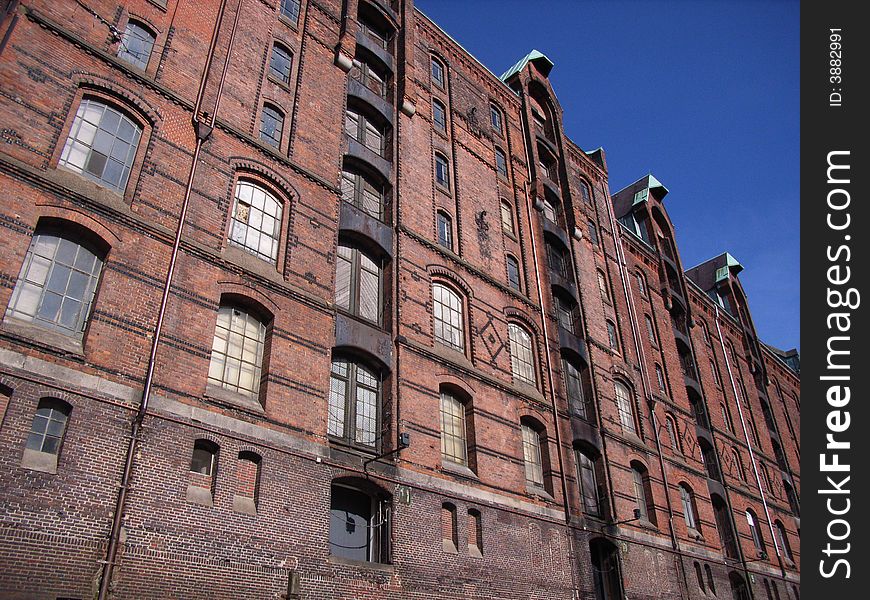 Old brick-build warehouses in the Speicherstadt of Hamburg