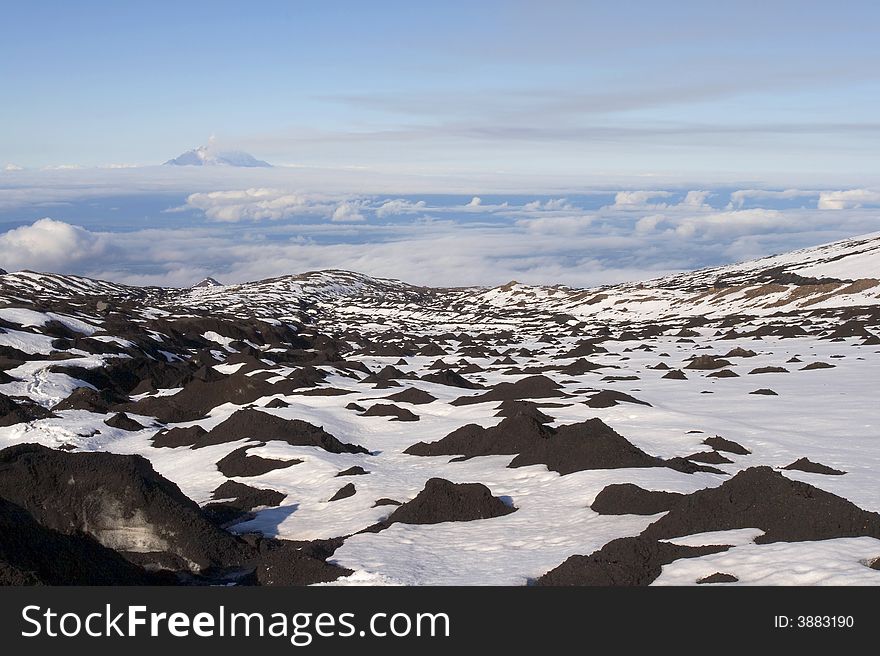 Ice field near Kluchevskoy volcano in Kamchatka.  Russia