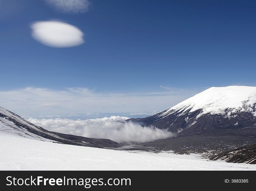 Snow field in the kamchatka. Russia