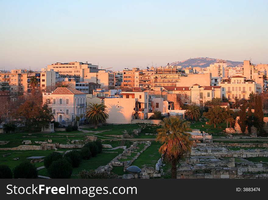 A general view of a ancient park  in Athens at sunset. A general view of a ancient park  in Athens at sunset