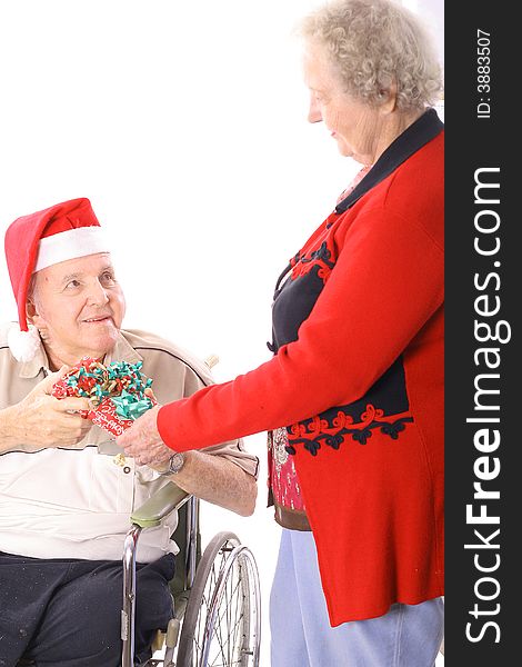 Elderly couple christmas isolated on white