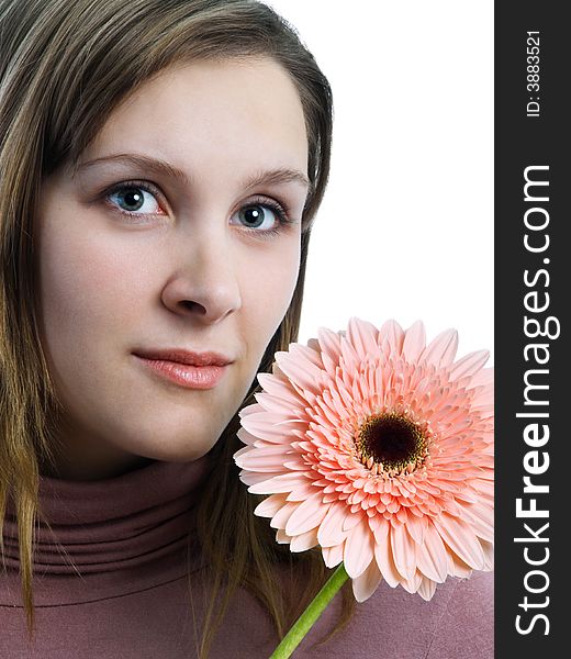 Beautiful girl with african daisy on white background. Beautiful girl with african daisy on white background