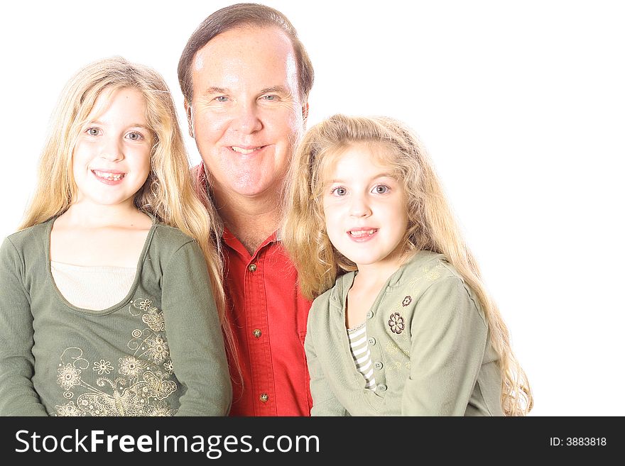 Happy children with uncle isolated on white