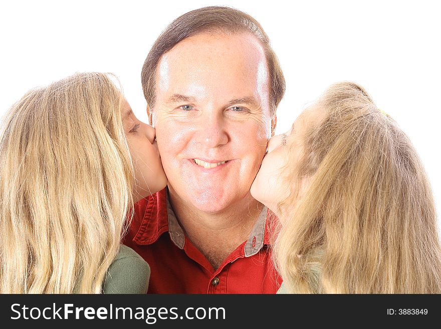 Sisters kissing uncle isolated on white