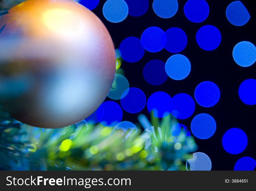 Close-up of Christmas Tree with red and gold ornaments and lights