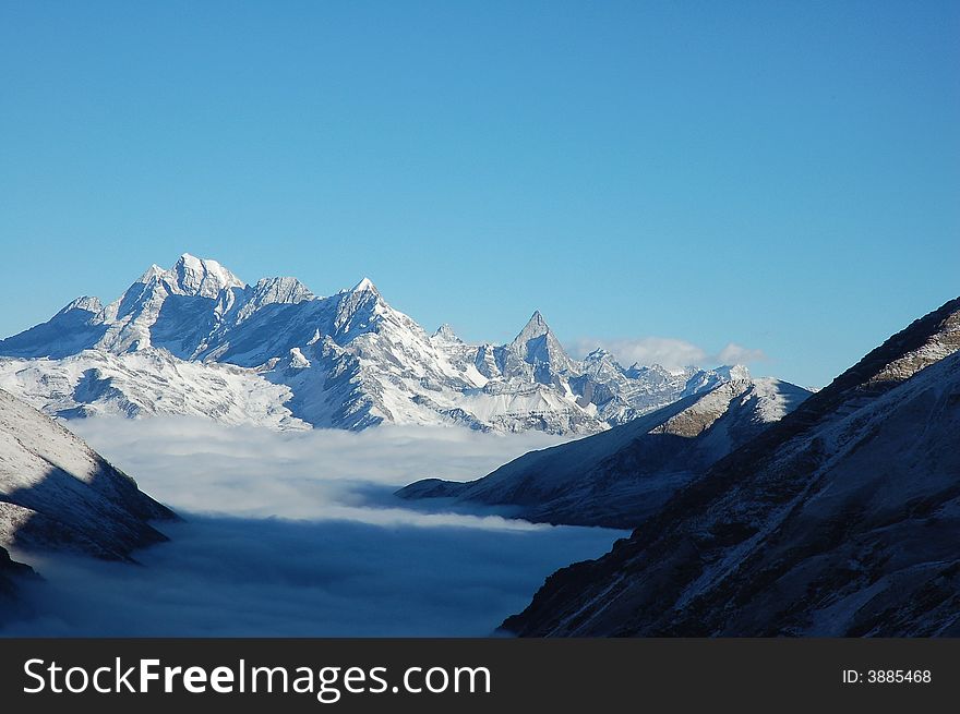 View the jokul with a foggy valley in the middle. The jokul is a very famous view which is called the oriental Alps.