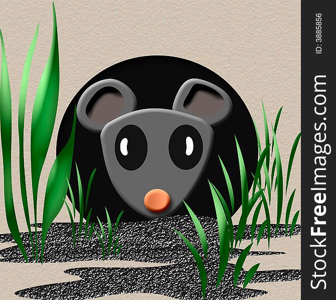 Tiny gray mouse peeking out of a hole  illustration. Tiny gray mouse peeking out of a hole  illustration