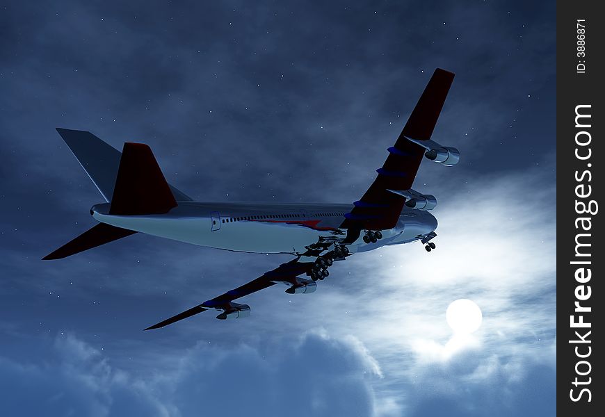 A plane flying high in the nighttime sky with an illuminated moon. A plane flying high in the nighttime sky with an illuminated moon.