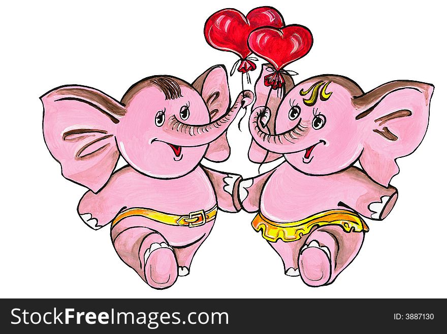 Pink elephants with balloons in the form of hearts on a white background