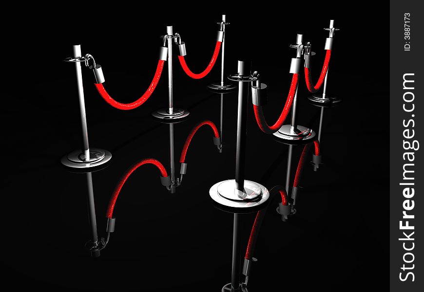 A 3D illustration of stanchion barriers with red ropes on a black, reflective surface.