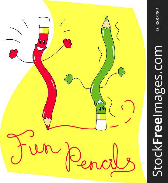 Fun pencils on yellow background, fun drawing for children