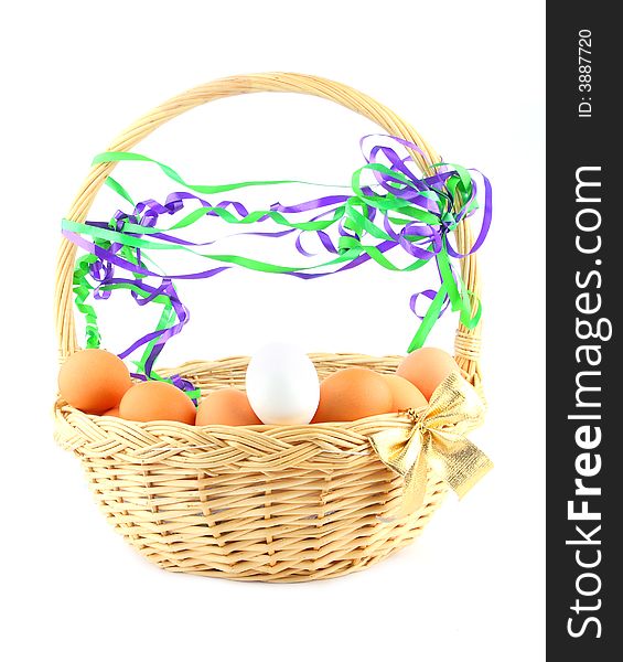 Easter Basket With A Bow, Eggs And Garland