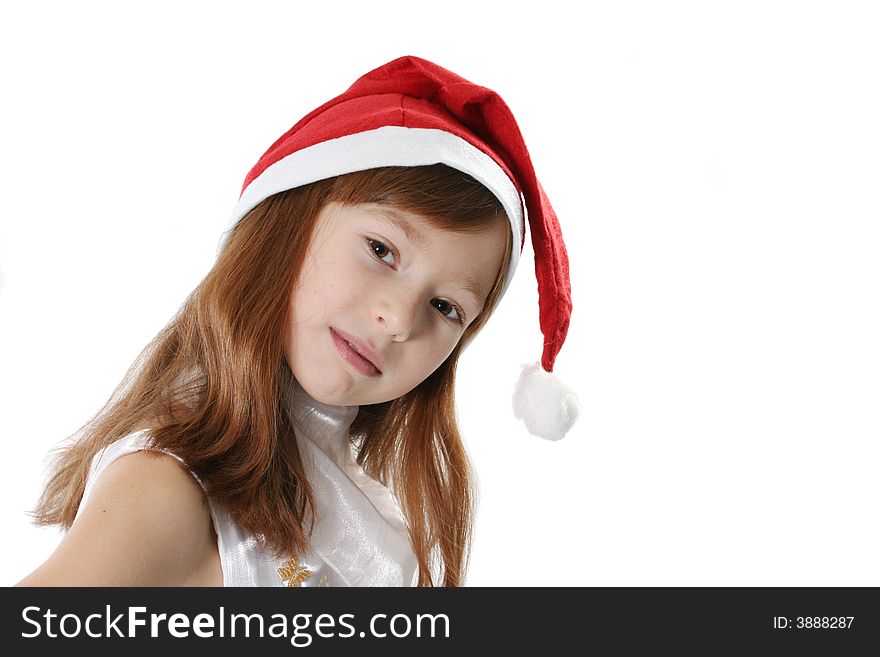 Portrait of the girl in a red cap close up on a white background