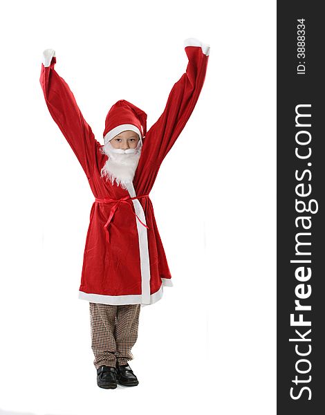 The child in a suit of the Santa-Claus with the hands lifted upwards