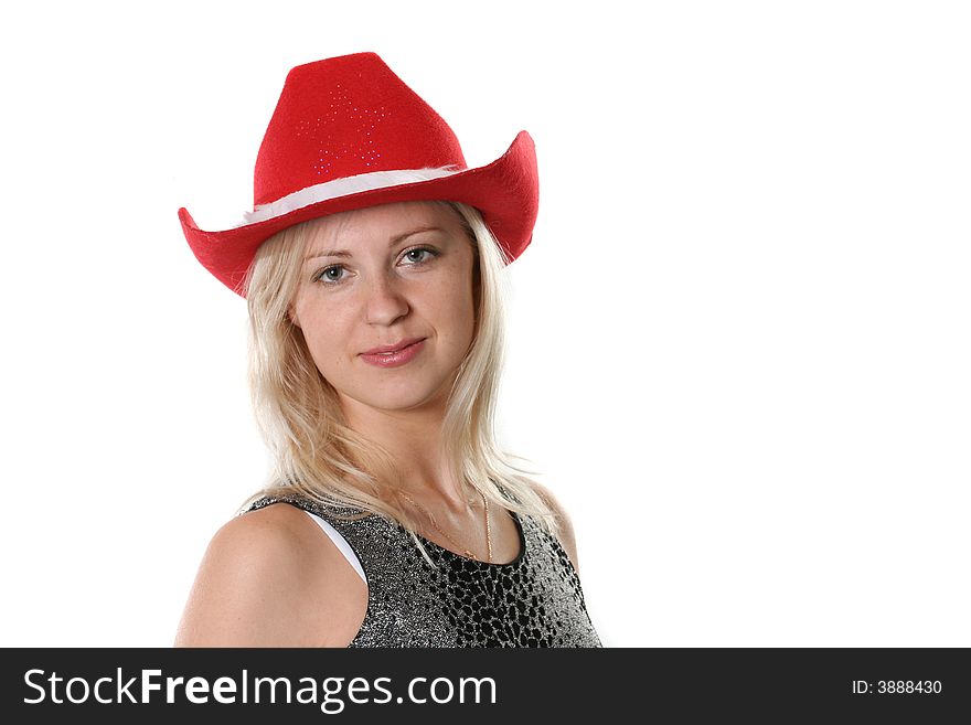 The young woman in a red cowboy's hat on a white background