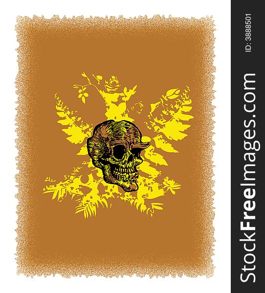 Brown background with yellow plants and skull shape. Brown background with yellow plants and skull shape