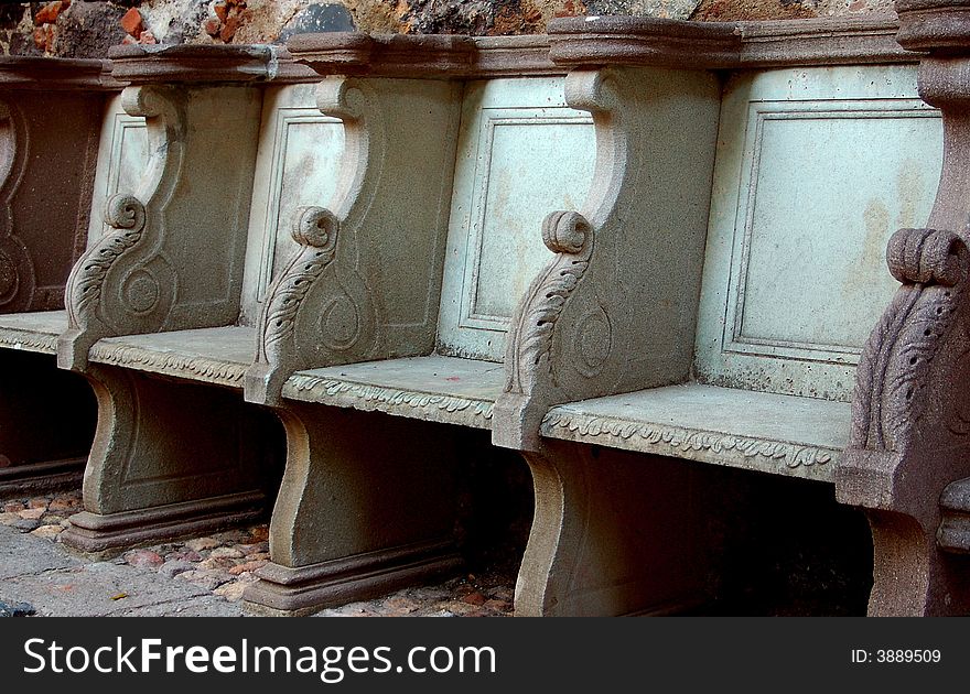 A stone bench in the garden of ex-hacienda San Gabriel de Barrera in Guanajuato, Guanajuato, Mexico