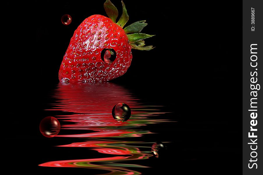 Single ripe strawberry reflected in water and fun bubbles. Single ripe strawberry reflected in water and fun bubbles.