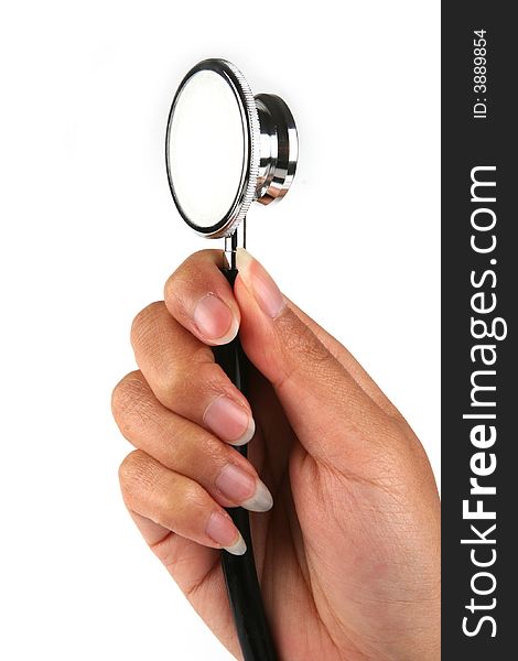 A hand holding a stethoscope in white background. A hand holding a stethoscope in white background.