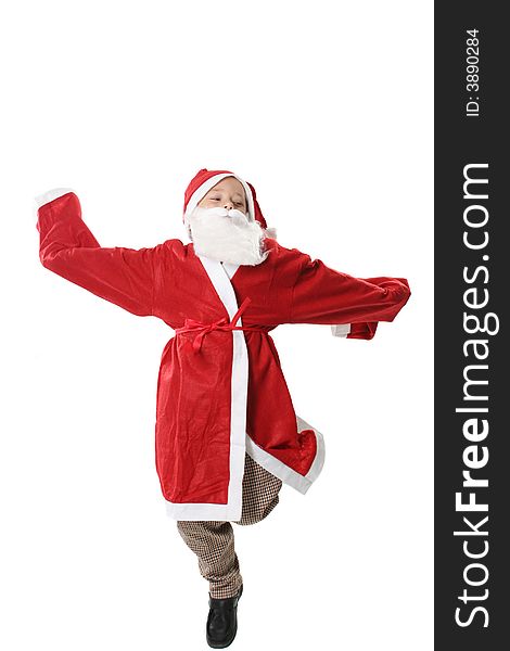 The boy in suit Santa jumps on a white background. The boy in suit Santa jumps on a white background