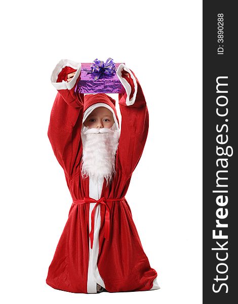 The boy in a suit Santa with a gift in hands on a white background