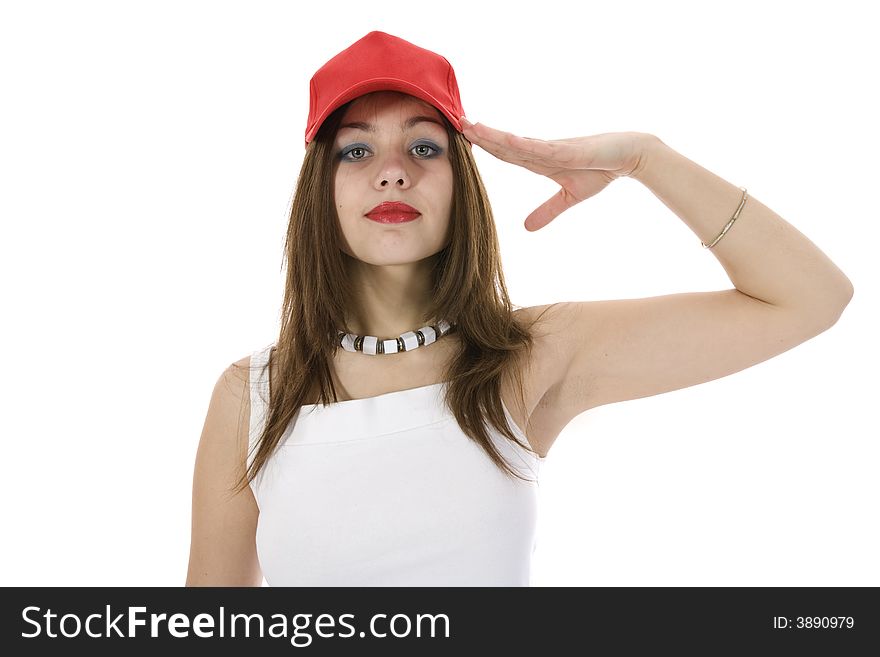 Emotional girl in red cap on insulated background