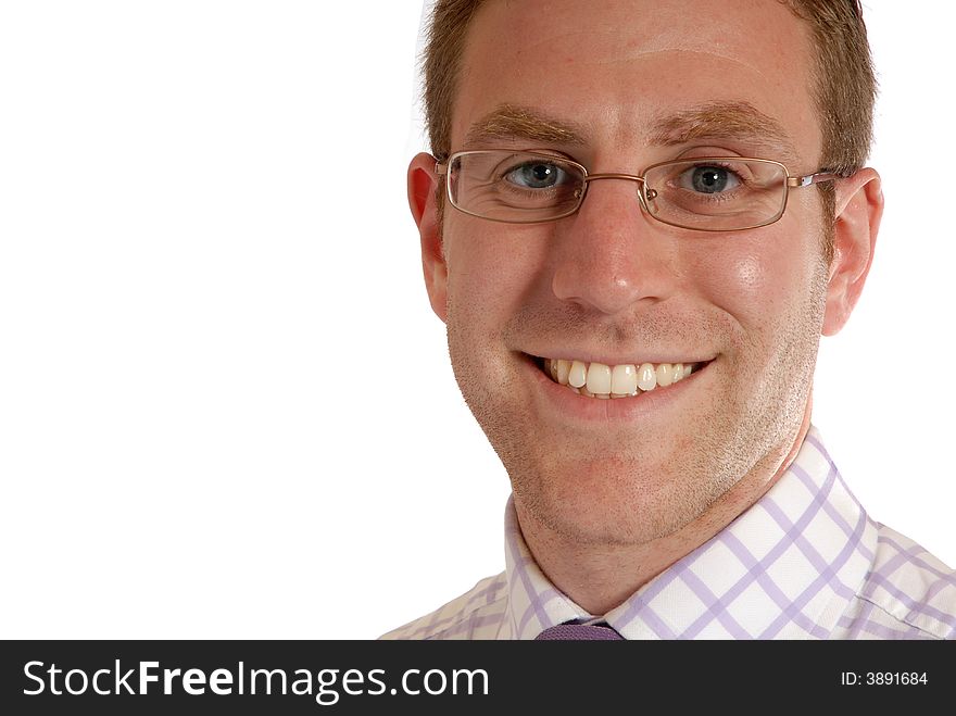 Handsome young businessman, wearing spectacles, check shirt & lilac tie, isolated on white. Handsome young businessman, wearing spectacles, check shirt & lilac tie, isolated on white