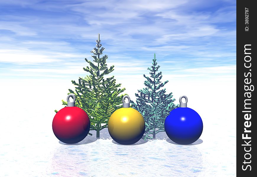 Christmas, balls, color, snow, trees, sky, red, yellow, blue. Christmas, balls, color, snow, trees, sky, red, yellow, blue