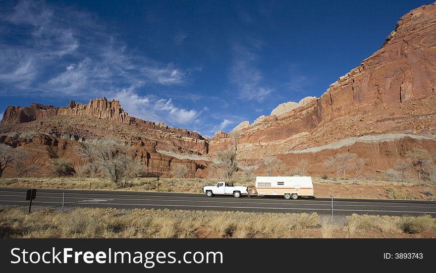 Pick up with mobile home driving in Utah