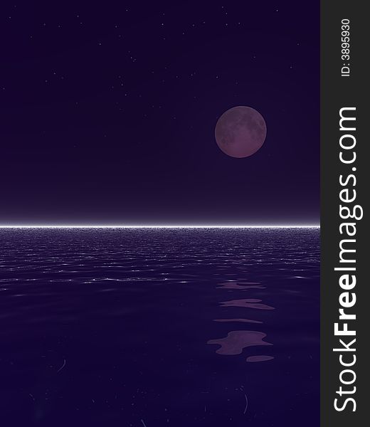 An illustration of a surreal moonset over water. An illustration of a surreal moonset over water.