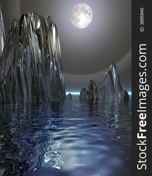 A surrealistic scene of a moon rising over floating ice bergs. A surrealistic scene of a moon rising over floating ice bergs.