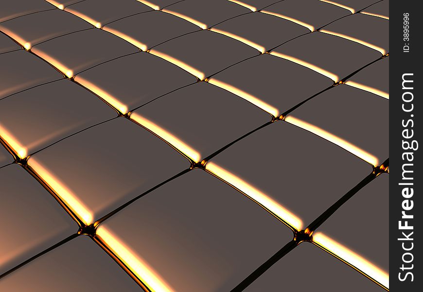 A 3D illustration of soft edged metallic cubes forming a grid with golden light.