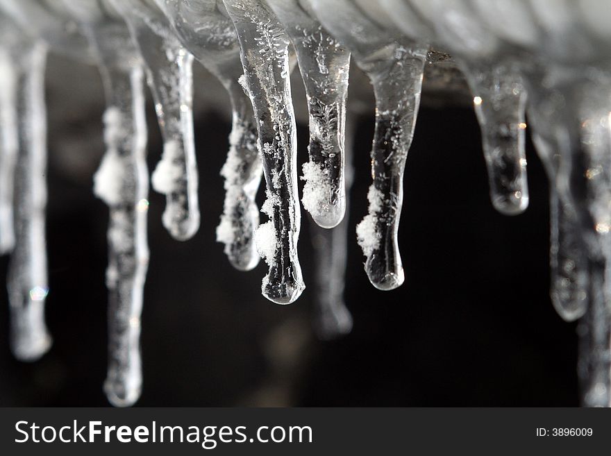 Detail of icicles with the center focused and the left and right blurred.
